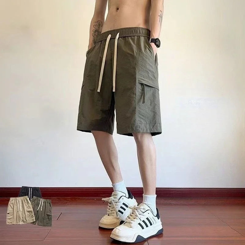 HEARUJOY  -  Wide Mens Cargo Shorts Baggy Over Knee Solid Elastic Waist Loose with Draw String Short Pants for Men Pockets High Quality V