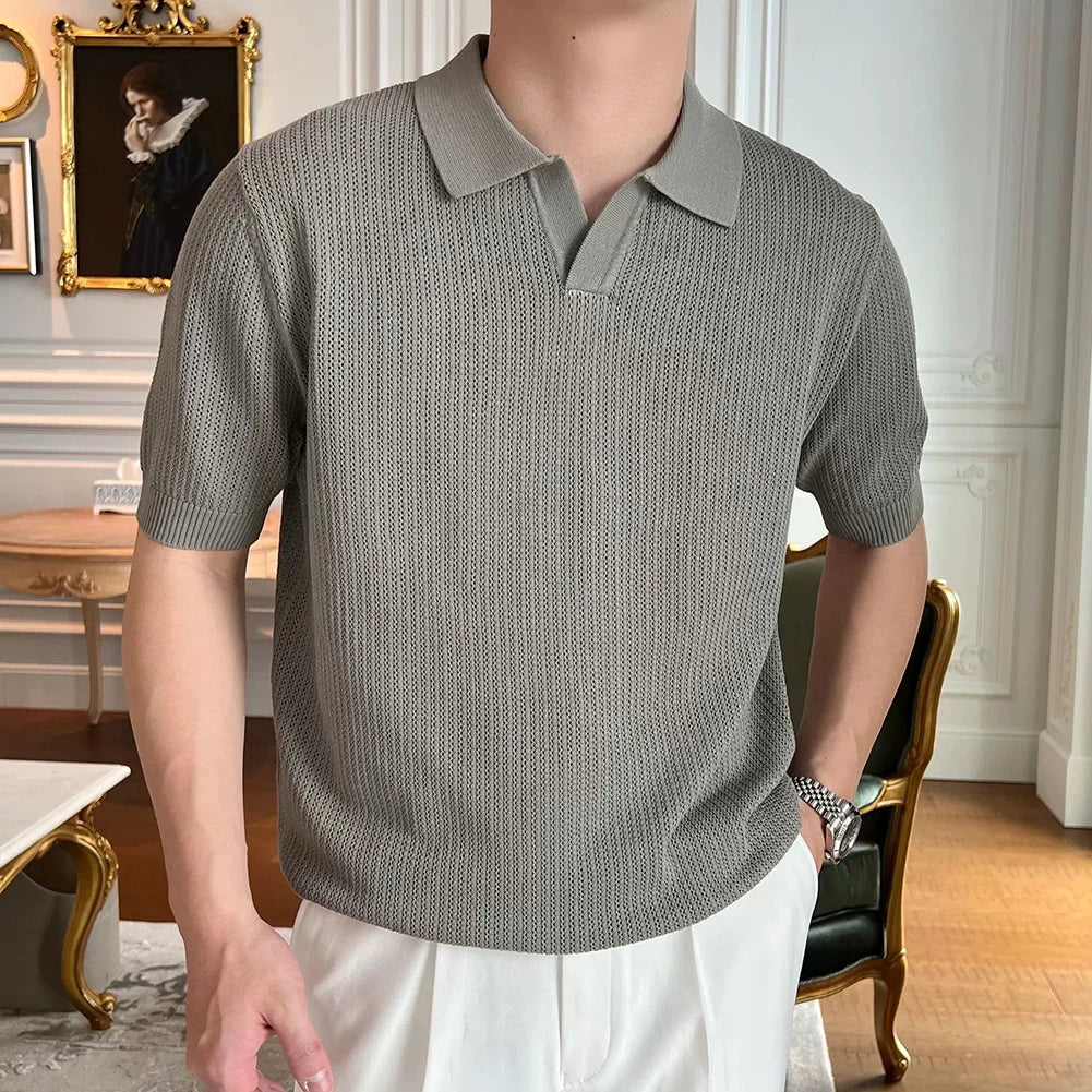 HEARUJOY  -  Casual Outings Short Sleeve Knitted Top Loose Fit Short Sleeve Top Fashion Male Clothing Slight Stretch Fabric