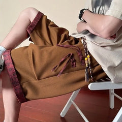 HEARUJOY  -  Long Button Bermuda with Pockets Short Pants for Men Elastic Waist Wide Half Khaki Loose Mens Cargo Shorts Draw String Baggy Y2k