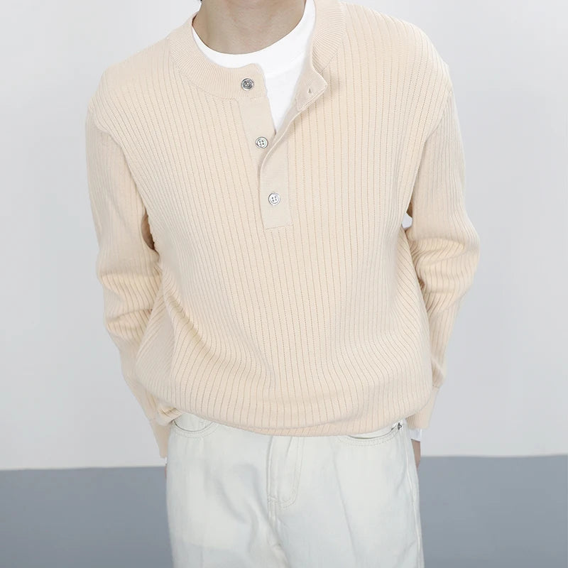 HEARUJOY  -  Stylish Men's Knitting Pullover Tops Autumn Daily Casual Long Sleeve O Neck Button Sweaters For Men Fashion Solid Color Sweater