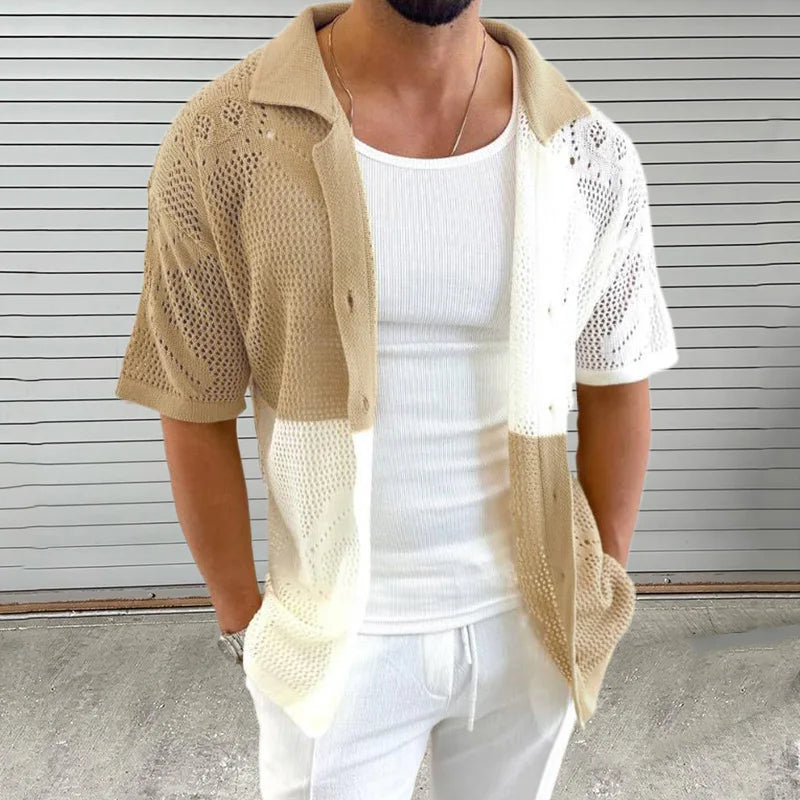 HEARUJOY  -  Color Blocked Hollow Out Knitting Shirts For Men Summer Thin Short Sleeve Button Cardigan Sweater Fashion Casual  Loose Knitwear