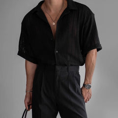 HEARUJOY  -  Men's Solid Color Hollow Short-Sleeved Shirt American Retro Fashion Trend Simple Casual Loose Breathable Summer New Men's Tops