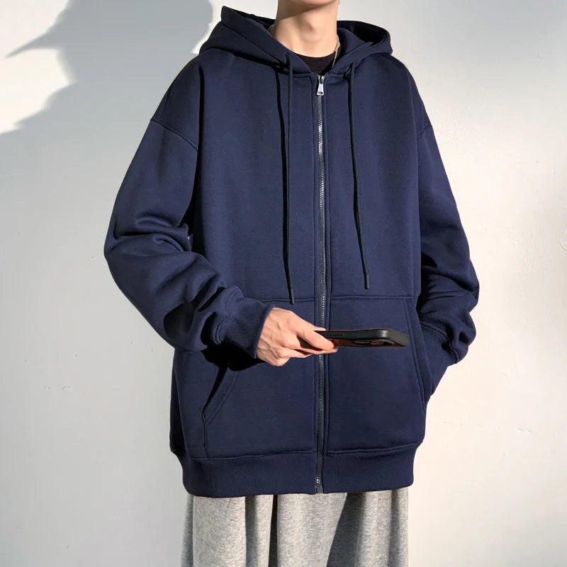 HEARUJOY  -  Spring Autumn Men's Zipper Hoodies Streetwear Casual Jacket Male Solid Color Loose Sweatshirts Simple Hooded Coats