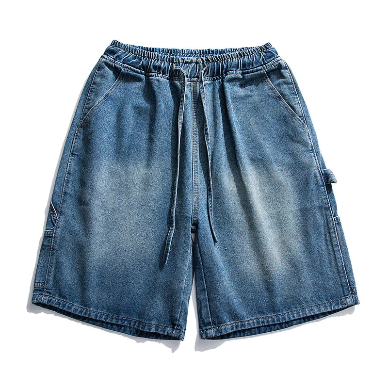 Hearujoy Korean Style Summer Men's Blue Baggy Denim Shorts New Street Apparel Workwear Large Pocket Wide Leg Denim Shorts Blue