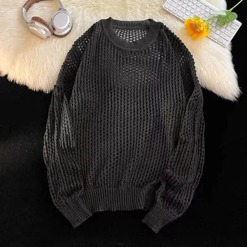 HEARUJOY  -  Hollow Hole Men Women knitted Tshirts High Street Fashion Loose Long Sleeved Top Autumn Sexy Mesh Knit Sweater Pullover Unisex