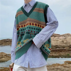 HEARUJOY  -  Sweater Man Casual Waistcoat V Neck Printed Knit Vests for Men Designer Cheap Korean Fashion Smooth Reviews Clothes Top Harajuku