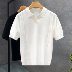 Hearujoy Summer Men's Clothing Luxury Knit V Neck Short-sleeved Polo Shirt Solid Color Leisure Korean Popular Breathable Slim Knitwear