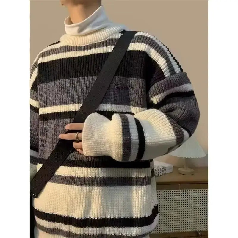 HEARUJOY  -  Men's Retro Striped Contrast Thickened Trendy Brand Loose Sweater Jacket