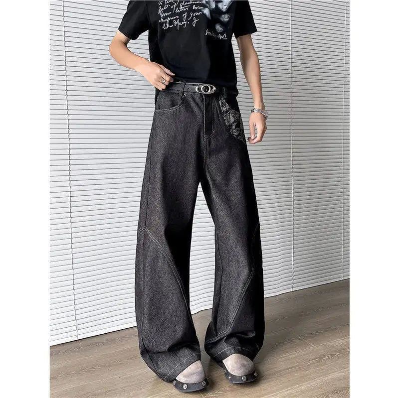 HEARUJOY  -  New Summer Men's Denim Pants Jacquard Patchwork Contrast Color 2025 Trousers Straight Leg Loose Male Boot-cut Jeans