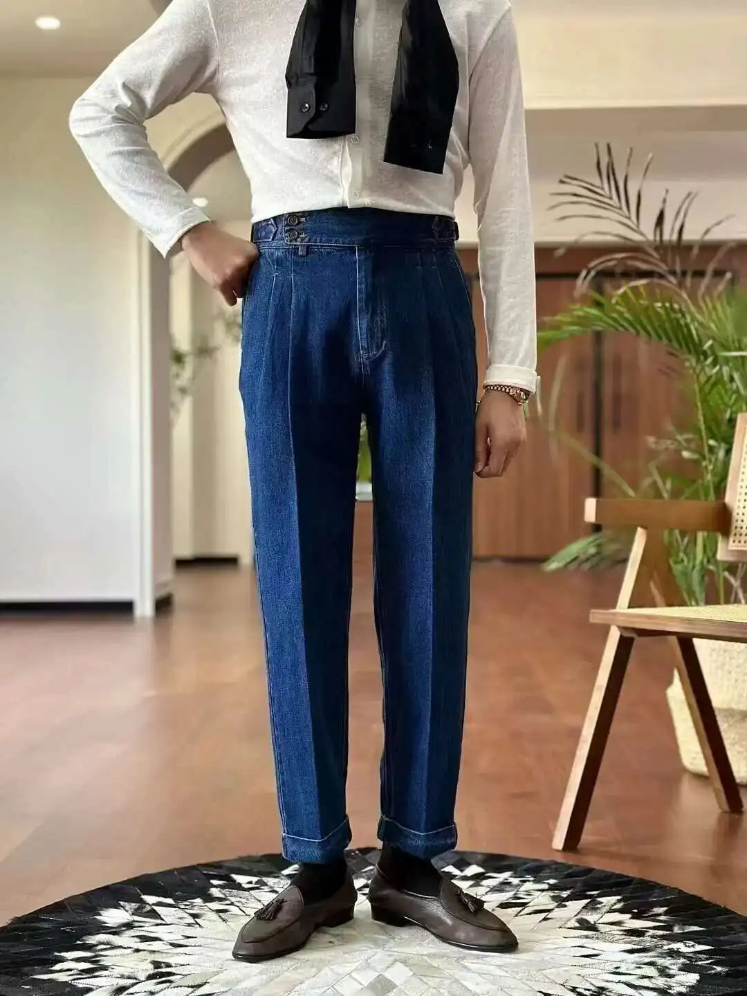 HEARUJOY  -  High Quality Double Pleated Jeans Straight Leg Pant Naples Straight Tube Loose Washed High Grade Business Pant Men Dress Trouser
