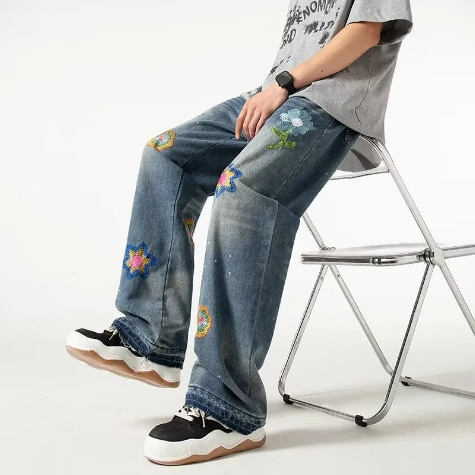 HEARUJOY  -  Street American Micro Flared Jeans Mens Petal Embroidery Washed Cowboy Pants Straight Tube Burr Edge Hip Hop Denim Trousers