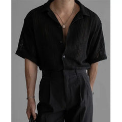 HEARUJOY  -  Summer Short Sleeved Shirt Men Oversized Black White Casual Shirt Men Streetwear Korean Loose Hollow Shirt Mens Hawaiian Shirts