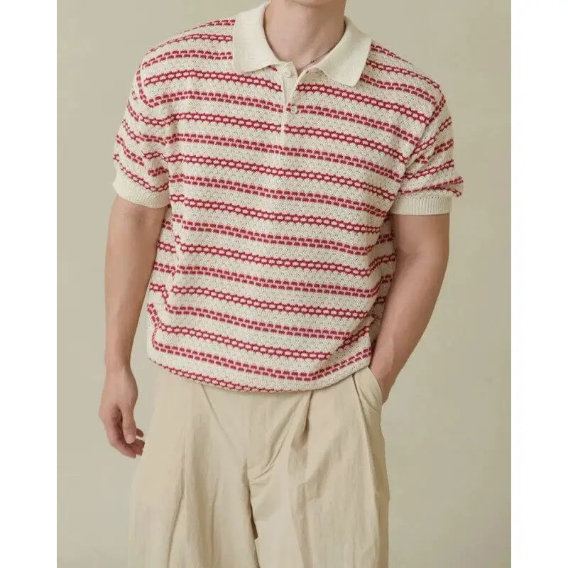 HEARUJOY  -  Summer Short Sleeved T-shirt Men Slim Fit Casual Striped T Shirt Men Streetwear Korean Knitted Lapel T Shirt Mens Polo Shirt