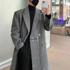 Hearujoy Mens Business Elegant Mid-Length Coat Autumn Winter Genderless Fashion Casual Retro Temperament Loose Solid Color Coat Unisex