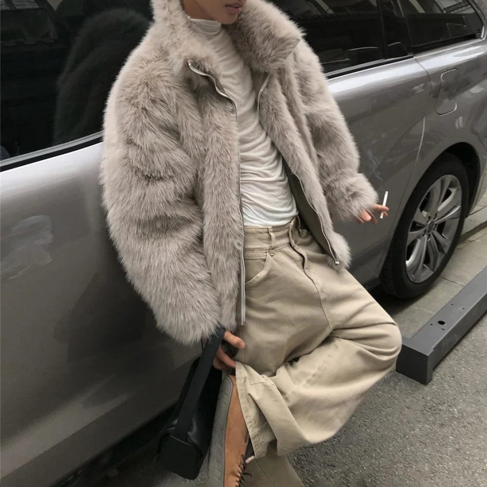 HEARUJOY  -  Mens Fashion Warm Clothing Autumn And Winter Korean Plush New Fur Coat Imitation Leather Thick Warm Stand Collar Trendy Coat Men