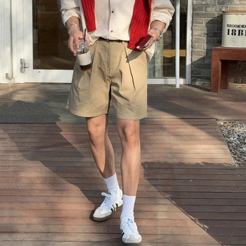 Hearujoy Korean Style Men's Casual Shorts Wrinkle Straight Wide Leg Trousers Loose Zippers Male Bottom Stylish Summer 9C6428