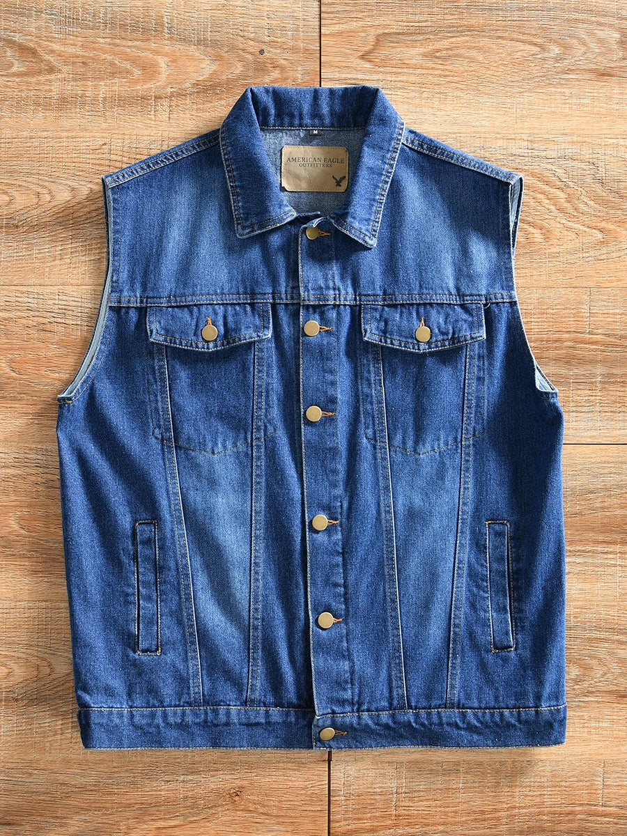 HEARUJOY  -  Heavy-Duty Washed Spring Men's Japanese Casual Lapel Denim Vest Sleeveless Tank Jacket Amekaji American Vintage