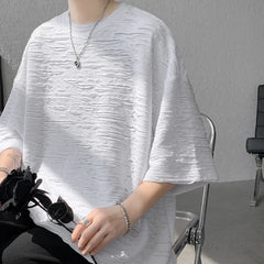 Hearujoy Summer Chic Fashion Holes T-Shirts For Men Clothing Short Sleeve O-Neck Loose Casual Solid Color Tee Shirt Homme Streetwear