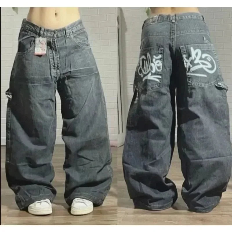 Hearujoy Y2K High Street Vintage Printed Pattern Jeans American Classic Wings Texture Jeans Couple Fashion Gothic Harajuku Wide Leg Pants
