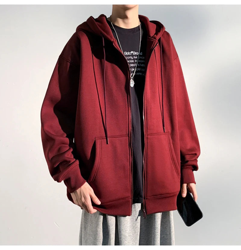 HEARUJOY  -  Spring Autumn Men's Zipper Hoodies Streetwear Casual Jacket Male Solid Color Loose Sweatshirts Simple Hooded Coats