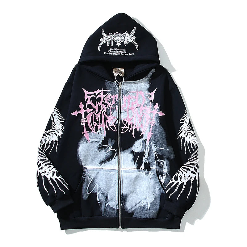 Hearujoy American Street Fashion Ins Bieber Retro Religious Figure Print Hooded Sweatshirts Y2k Embroidery Zip Up Hoodies Mens Clothing