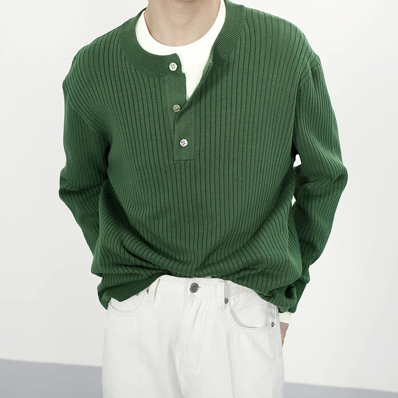 HEARUJOY  -  Stylish Men's Knitting Pullover Tops Autumn Daily Casual Long Sleeve O Neck Button Sweaters For Men Fashion Solid Color Sweater