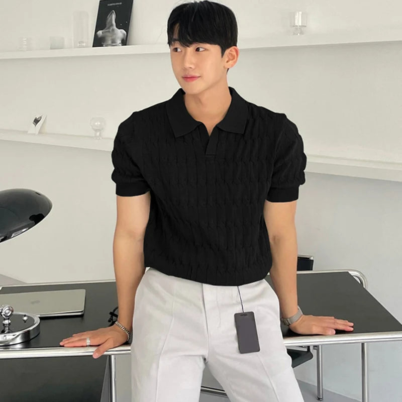 HEARUJOY  -  Summer Clothing Men's Light Luxury Knitted Jacquard Polo Shirt V-Neck Solid Color Short-sleeved Korean Popular Leisure Knitwear