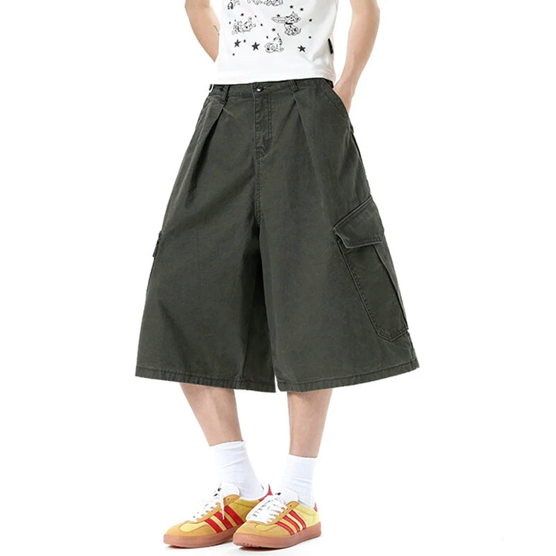 HEARUJOY  -  Vintage Men's Shorts Fashion Trend Fold Washed Distressed Adjustable Multi-pocket Male Jorts Over Knee Length 9W3516