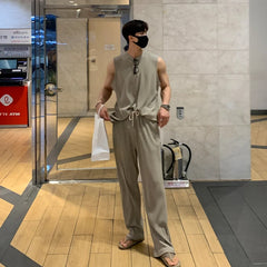 Hearujoy Korean fashion Spring Summer Pleated Sleeveless Vest Men's Sports Leisure Wrinkled Round Neck Solid Color 2 piece suit