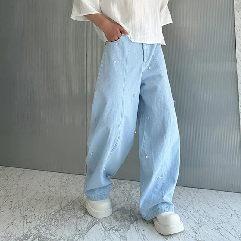 Hearujoy Korean Style Machete Jeans New Men Pearl Decoration Men's Wide Leg Denim Pants Fashion Trend Ligh-blue Summer 9C5845