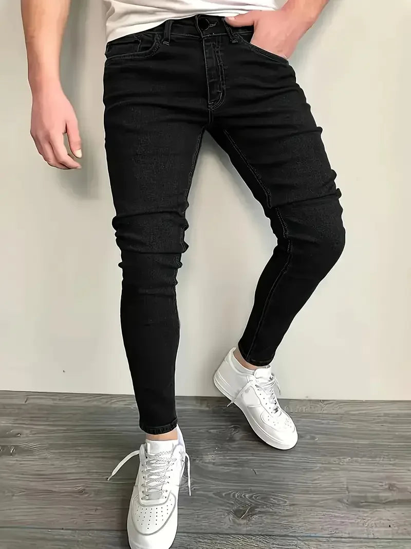 HEARUJOY  -  Men'S Slim-Fit Dark Cotton Jeans - Stretch Denim Pencil Pants, Machine Washable