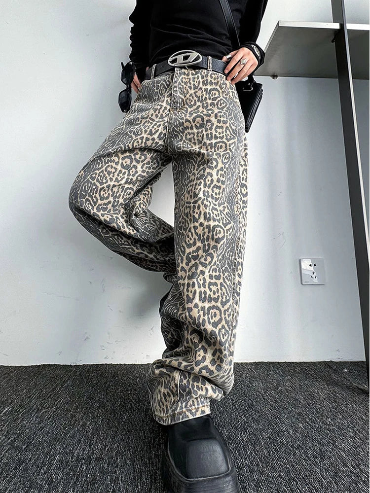 Hearujoy Leopard Jeans Women Denim Pants Female Oversize Wide Leg Trousers Streetwear Hip Hop Vintage Animal Print Loose Casual