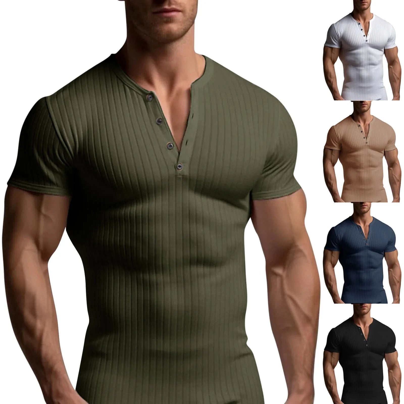 HEARUJOY  -  Men's Threaded T-shirt Summer Running Sports Fitness Clothes Muscle Slim Fit Short Sleeve T-shirt V-neck Collar Casual Tops