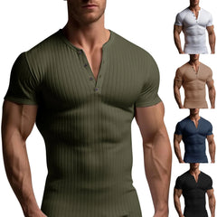 HEARUJOY  -  Men's Threaded T-shirt Summer Running Sports Fitness Clothes Muscle Slim Fit Short Sleeve T-shirt V-neck Collar Casual Tops