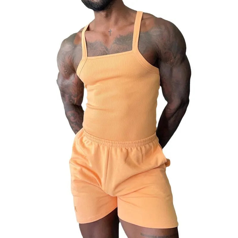 HEARUJOY  -  Summer Two Piece Fashion Men Set Knitted Sleeveless Vest with Elastic Waist Shorts Suit Casual Home Tank Top Wear Sports Outfits