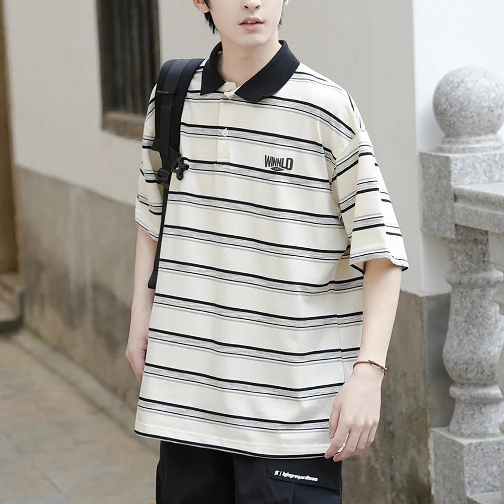 HEARUJOY  -  Casual Summer 2XL Mens Summer T-Shirts Casual Striped Short Sleeve Shirts Vintage Short Sleeve Tops Lapel Neckline