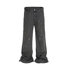 Hearujoy Overdyed Splashed Ink Patch Baggy Jeans for Men Streetwear Casual Loose Denim Trousers Distressed Oversized Cargo Pants