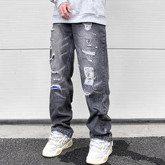 Hearujoy Y2K Frayed Hole Damaged Washed Black Baggy Jeans for Men Streetwear Straight Casual Denim Trousers Ropa Hombre Loose Cargo Pants