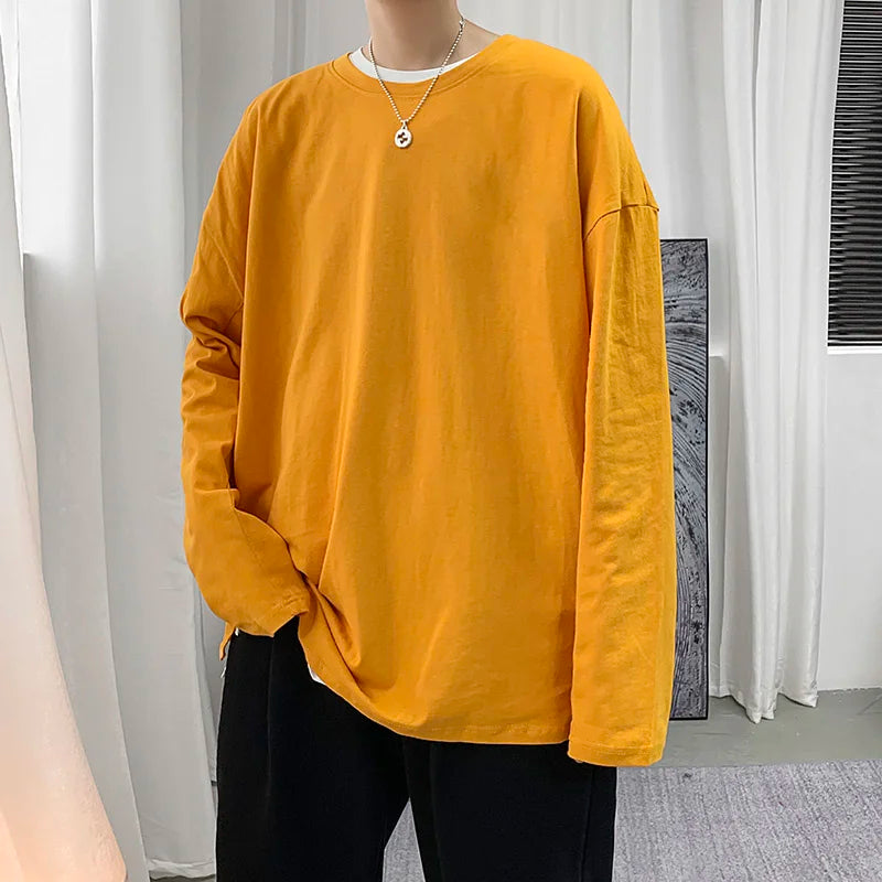 Hearujoy Spring Multicolor Cotton T-shirt Men Fashion Solid Color Casual O-neck T Shirt Men Korean Loose Long-sleeved T-shirt Mens Tops