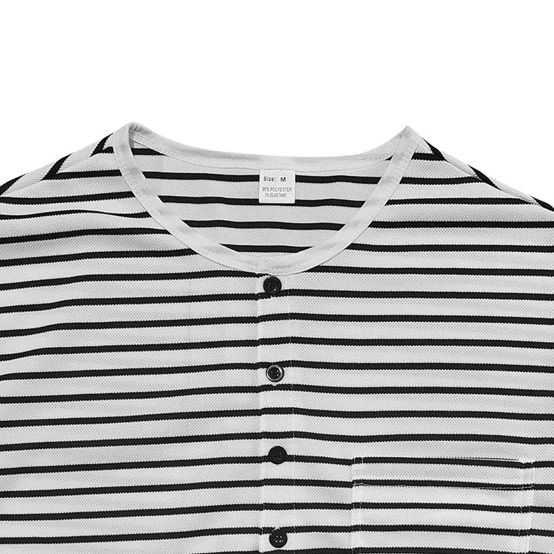 HEARUJOY  -  Men's Spring and Autumn Long Sleeve V-neck Button-down T-shirt Slim-fit Henley Shirt Horizontal Striped Top