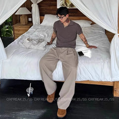 HEARUJOY  -  New Retro Fashion Men Suit Pants Light Luxury Draped Baggy Belt Button-down Solid Color Straight Trousers Elegant Dress Pants
