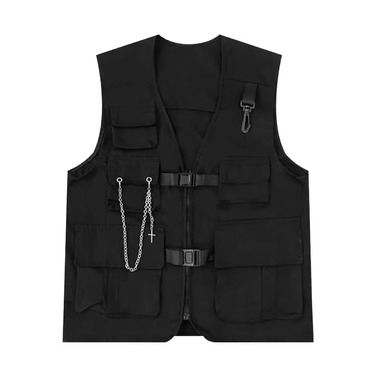 Hearujoy Techwear Men's Shorts Set Tank Top Men Cargo Punk Rave Vest Male Shirt Streetwear Hip Hop Hippie Men Clothing Pockets