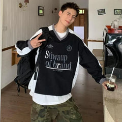 HEARUJOY  -  Spring American Trendy Mens T-shirt Spring Autumn Hip Hop Emblem Embroidery Long Sleeved Tops Color Block Loose Male Tees