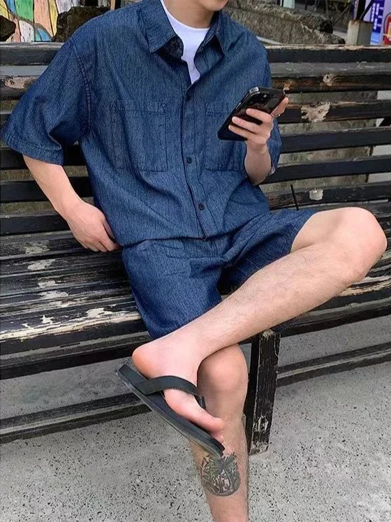 HEARUJOY  -  Japanese Man Sets Work Clothes Loose Cool Two-piece Set New in Matching Elastic Baggy Korean Stylish Shirts Shorts Suits for Men