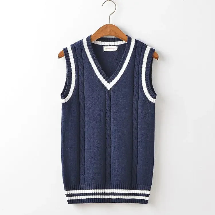 HEARUJOY  -  Striped White Knitted Sweaters for Men Blue Sleeveless Man Clothes V Neck Vest Red Waistcoat Jumpers Sweat-shirt Cigaret Cotton