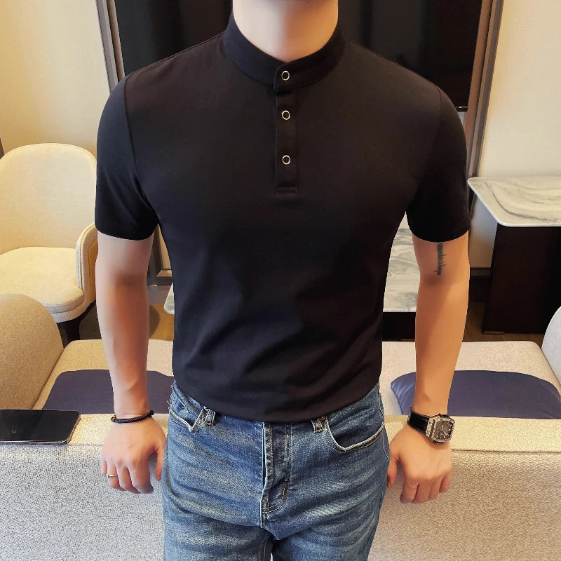 HEARUJOY  -  Men's 65% Cotton Henley Collar Short Sleeve Polo Shirt  Summer Solid Color Stand Neck Tee, Versatile Casual & Smart Styling