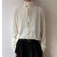 HEARUJOY  -  Men's French Style Vintage Pleated Textured High Collar Button Up Shirt Spring Autumn Y2K Harajuku Solid Long Sleeve Loose Tops
