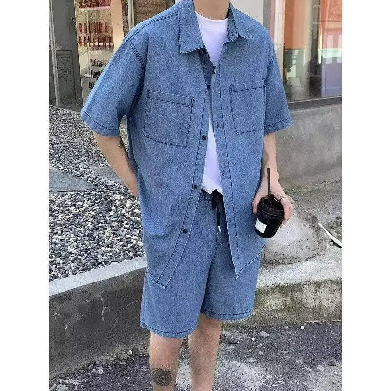 HEARUJOY  -  Summer Men set Retro Trendy Brand Hong Kong-style Denim Short-sleeved Shirts Shorts Casual Sportswear Men Cool Loose suit