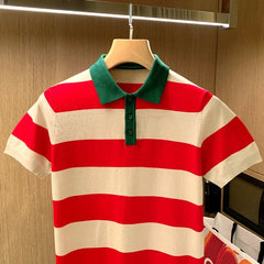 Hearujoy 2024 New Summer Polo Men Stripe Fitness Elasticity Short Sleeve Knit Polo Shirts for Men Fashion Turn Down Collar Mens Shirt W05