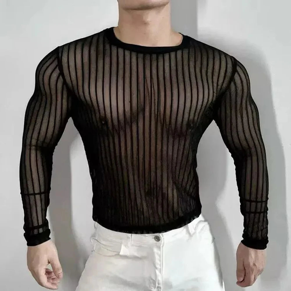 HEARUJOY  -  Mens T-Shirt Striped Sexy Slightly Transparent Stretch T-Shirt Fashion Streetwear Tight Casual Long Sleeve Top Men'S Clothing